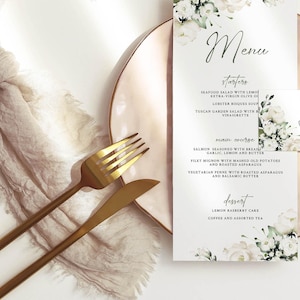 White Floral Wedding Menu and Name Card Set, Editable Shower Menu with White Flowers, INSTANT DOWNLOAD, White Roses Place Cards, W119