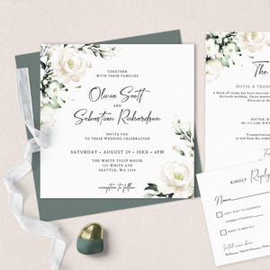 White Floral Editable Wedding Invitation Set, Printable Square Wedding Invites, INSTANT DOWNLOAD, White Flowers Details Card, Rsvp, W119