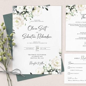 Editable Wedding Invitation Set with White Flowers, INSTANT DOWNLOAD, White Floral Invites, Rsvp and Details Card, Printable, W119