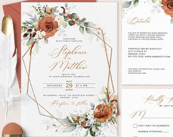 LYRA - Editable Burnt Orange Wedding Invitation Set, INSTANT DOWNLOAD, Terracotta Floral Wedding Invite Template Suite, W179