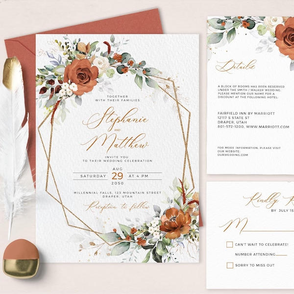 LYRA - Editable Burnt Orange Wedding Invitation Set, INSTANT DOWNLOAD, Terracotta Floral Wedding Invite Template Suite, W179
