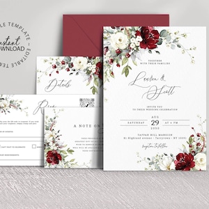Editable Wedding Invitation Set with Red and White Florals, INSTANT DOWNLOAD, Wedding Bundle Templates, Details Cards, Rsvp, Gift Card, W33