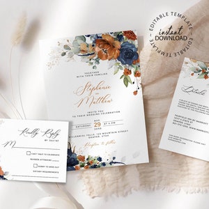 SIA - Editable Wedding Invitation Set with Burnt Orange and Blue Flowers, INSTANT DOWNLOAD, Floral Wedding Invite, Navy Blue Invites, W208
