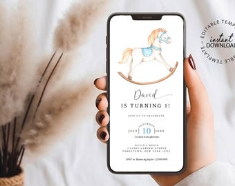 Invito di compleanno digitale, invito di compleanno modificabile a forma di cavallo a dondolo, invito per smartphone, invito a forma di cavallo giocattolo, DOWNLOAD IMMEDIATO, W210