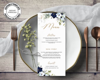CHLOE - Blue Floral Wedding Menu Card, Editable Template, INSTANT DOWNLOAD, Pale Blue Flowers Printable Bridal Brunch Dinner Menu, W159