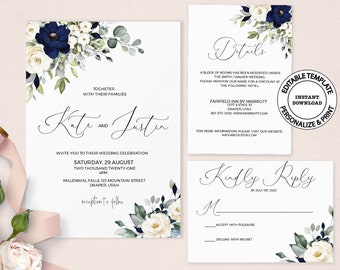 Edit at Templett #117#116 Printable Double Sided Invite Suite All Editable Peach Cream Floral Navy Gold Wedding Invitation Set Template