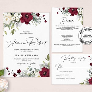 Editable Red and White Floral Wedding Invitation Set, INSTANT DOWNLOAD, Cream White Roses Invite, Rsvp and Details Card, W26