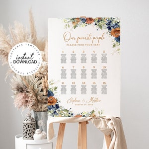 SIA - Editable Wedding Tables Plan, Burnt Orange and Blue Floral Seating Chart Template, Large Wedding Guests List, INSTANT DOWNLOAD, W208