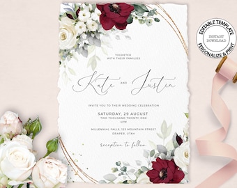 Wedding invitation template with red and white roses, INSTANT DOWNLOAD, Editable floral wedding invite, Faux gold invites, W29