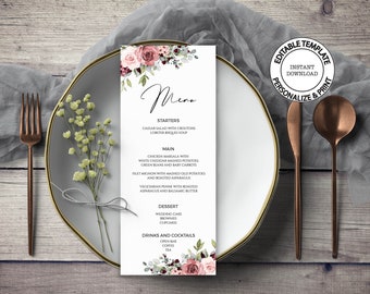 THEA - Floral Wedding Menu Card Template, Editable, INSTANT DOWNLOAD, Blush Roses Printable Bridal Shower Brunch Dinner Menu, W25