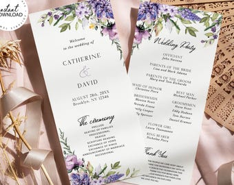 Wedding Program Template: Editable Purple Floral Church Ceremony Order of Service, Wedding Schedule 4x9", Instant Download (W05)