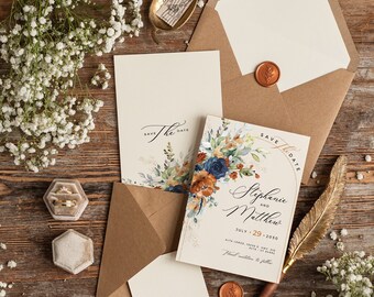 May include: Save the date card with a watercolor floral design in shades of blue, orange, and green. The card features the text "Save The Date" and the names "Stephanie and Matthew" with the date "July 29, 2020".