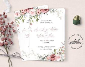 THEA GOLD - Editable Wedding Program Template, Dark Pink Floral Booklet Programs, INSTANT Download, Catholic Church Folded Program, W25