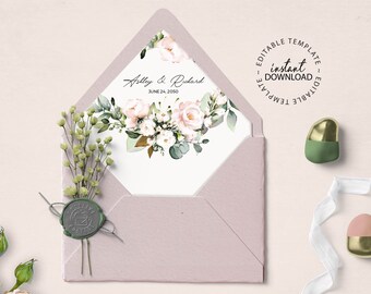 EDEN - Bloemen A7 Bruiloft Envelop Liner Sjabloon met Roze Rozen, A7 Euro Flap Enveloppen Liners, Afdrukbare Blush Bloemen Envelop Liners, W48