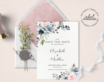 SERENE - Blue floral Save The Date, Editable template, INSTANT DOWNLOAD, Powder blue and dusty pink roses save the date, W34