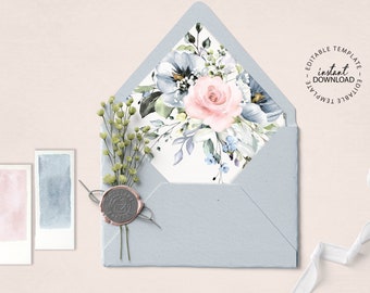 SERENE - Floral A7 Wedding Envelope Liner Template with Blue Flowers, Euro Flap Envelopes Liners, Printable A7 Square Envelope Liners, W34