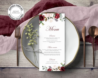 Red and Blush Floral Wedding Menu Template, INSTANT DOWNLOAD, Burgundy and Pink Roses menu, Dinner Table Menus, Editable Menu Templates, W94