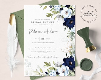 May include: A white bridal shower invitation with blue and white floral designs. The invitation reads "Kindly join us for a Bridal Shower honoring the bride-to-be Rebecca Andrews July 10, 2050 at 4 o'clock in the afternoon The Black Tulip Hotel 123 Mountain Street, Brooklyn, NY 12345 Kindly RSVP to Laura by July 9th at 123.456.7890 Rebecca is registered at Macy's and Amazon"