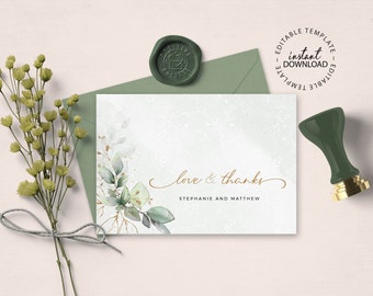 MEIRA - Printable Thank You Card Template, INSTANT DOWNLOAD, Greenery and Faux Gold Wedding Thank You Cards, Foliage Folded Thank You, W154