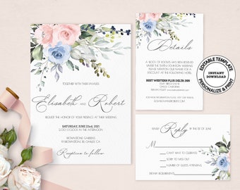 Editable blush and blue floral Wedding Invitation suite templates, INSTANT DOWNLOAD, Pink and blue roses invite, RSVP and Details card, W164