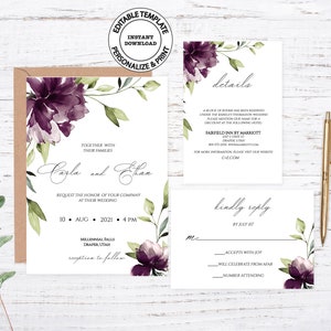 Purple peony wedding invitation template, Rsvp and Details card, Editable floral invitation set, Peonies invites. Instant download, W91