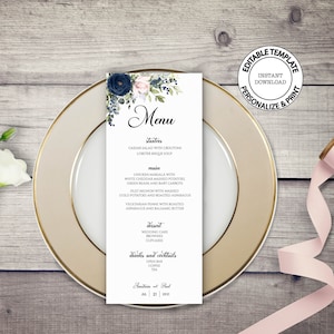 Plantilla de menú floral editable, DESCARGA INSTANTE, Menú de boda floral azul marino y rubor, Menú de flores azules y rosas, W143