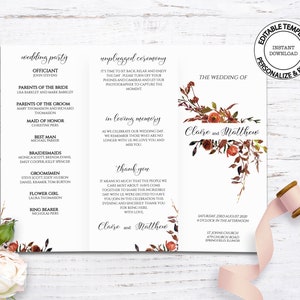 Programme de mariage à trois volets floral d'automne, modèle modifiable, TÉLÉCHARGEMENT INSTANTANÉ, programme de mariage catholique de fleurs orange brûlées, W123