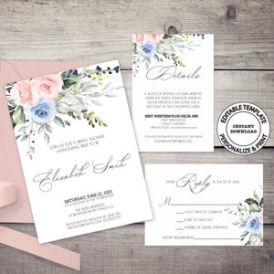 Floral Bridal Shower invitation template, INSTANT DOWNLOAD, Light blue and blush pink flowers shower invite, rsvp and details card, W164