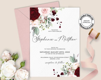 Roses Wedding Invitation template, Editable, INSTANT DOWNLOAD, Dark red and blush pink floral invite, W168