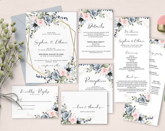 SERENE - Gold Floral Wedding Invitation Set, Editable Template, INSTANT DOWNLOAD, Dusty Blue and Pink Floral Wedding Invite Bundle, W34