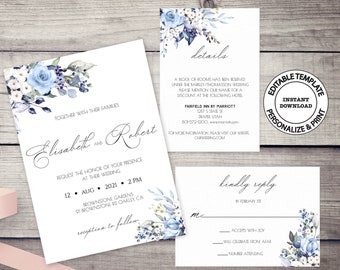 May include: Editable wedding invitation template with blue watercolor floral design. The invitation features the couple's names, "Elisabeth and Robert", the wedding date, "August 12, 2021", and the time, "2 PM". The invitation also includes the location, "Brownsone Gardens, Brownsone Rd, CA", and the RSVP information. The template also includes a details card with information about the wedding and a RSVP card.
