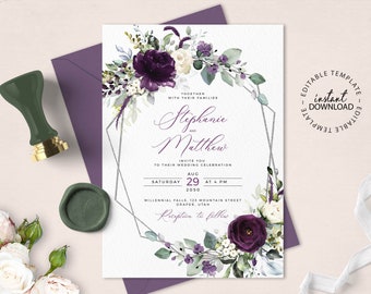 Editable Purple  and Silver Wedding Invitation Template, INSTANT DOWNLOAD, Floral Plum and White Invite, Printable Dark Violet Invites, W192