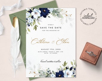 CHLOE - Editable Floral Save the Date Template in Blue Shades, INSTANT DOWNLOAD, Printable Save the Dates with Navy and Blue Flowers, W159