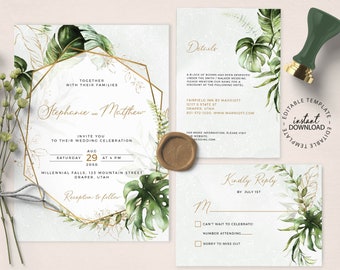 PHAEDRA - Editable Tropical Greenery Wedding Invitation Template, INSTANT DOWNLOAD, Faux Gold Geometric Botanical Invite Set, W75