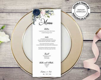 Editable floral menu template, INSTANT DOWNLOAD, Navy and blush floral wedding menu, Blue and pink flowers menu, W143