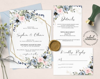 May include: Wedding invitation suite with a watercolor floral design in shades of blue and pink. The invitation features a gold geometric frame and the text "Together with their families Sophia & Ethan". The details card includes information about the wedding venue and RSVP details. The reply card has a floral design and the text "Kindly Reply by July 1st, 2021".