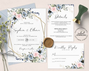 May include: A wedding invitation suite with a floral design featuring blue and pink flowers. The invitation includes the names Sophia & Ethan, the date August 29th, 2021, and the time 4 PM. The RSVP card includes the text "Kindly Reply by July 1st, 2021".