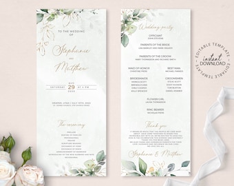 MEIRA - Wedding Program Template, Greenery and Gold Catholic Church Ceremony Program, INSTANT DOWNLOAD, Editable Wedding Programs, W154