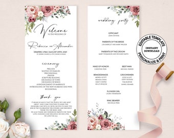 May include: A printable wedding ceremony program template with a pink floral design. The program includes the wedding ceremony order, wedding party, and a thank you message to guests. The text reads "Welcome to the wedding of Rebecca and Alexander, Draper Utah/August 29th, 2021, St. Johns Church 4 Church Road".
