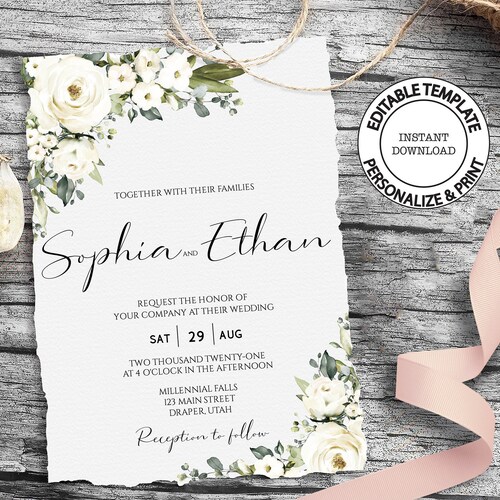 White Roses Wedding Invite Set Template Mr and Mrs Etsy