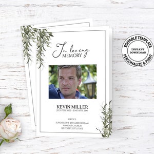Editable Funeral Program template, INSTANT DOWNLOAD, Greenery obituary template for men, Memorial program, F179