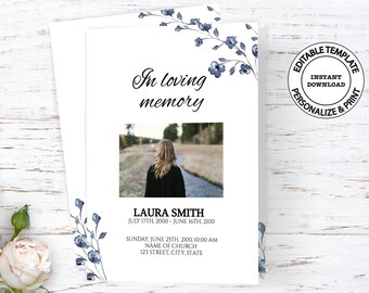 Printable Funeral Program template, INSTANT DOWNLOAD, Editable, Floral obituary program for woman, Blue flowers memorial program, F174