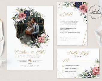 Photo Wedding Invitation Template, Rsvp and Details Card, Blush and Blue Floral Invite, Gold Geometric Frame Wedding Invites Set, W198