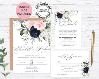 Blush and navy floral wedding invitation suite, Floral invitation with rsvp and details card, Pink and dark blue flowers invite, W81