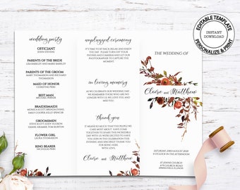 Herbst floral Trifold Hochzeitsprogramm, bearbeitbare Vorlage, SOFORTIGER DOWNLOAD, gebrannte orange Blumen katholisches Hochzeitsprogramm, W123