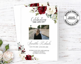 Editable floral Funeral Program template, INSTANT DOWNLOAD, Printable memorial program, Obituary template for woman, F183