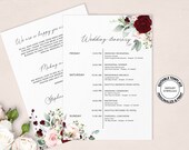 Blush and burgundy floral Wedding Itinerary, Editable Templet DIY, INSTANT DOWNLOAD, Printable Wedding Day Schedule, Bridesmaid Agenda