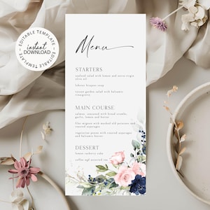 Blue and Pink Floral Menu Template, Editable Wedding Menu, INSTANT DOWNLOAD, Printable Shower Menu with Pink Roses, 4x9, Templett, W81