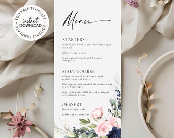 Blue and Pink Floral Menu Template, Editable Wedding Menu, INSTANT DOWNLOAD, Printable Shower Menu with Pink Roses, 4x9, Templett, W81
