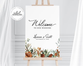 ELINA - Editable Burnt Orange Wedding Welcome Sign, INSTANT DOWNLOAD, Terracotta Floral Welcome Poster, Shower Welcome Signs, W45